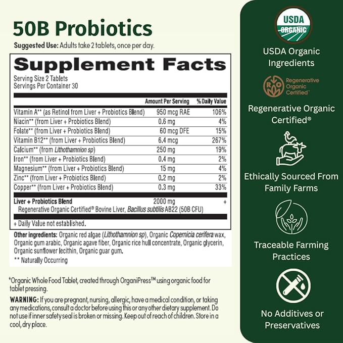Probiotic 50B CFU with Beef Liver – Regenerative Organic Certified Daily Gut Health Supplement – Supports Digestion, Immune & Emotional Wellness – 60 Tablets