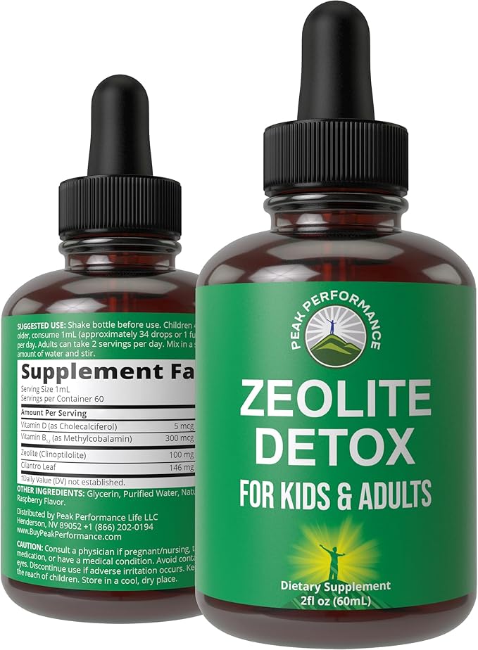Zeolite Detox for Kids & Adults with Cilantro. Volcanic Mineral from Idaho USA. Zeolite Clinoptilolite Liquid Drops Gentle Cleanse Supplement with Vitamins B12 & D. Support Focus, Energy, Gut, Speech