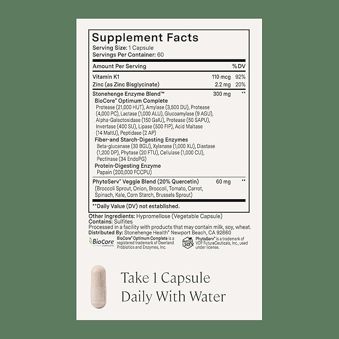 Stonehenge Health Dynamic Digestive Enzymes -18 Enzymes with BioCore Optimum Complete (Protease, Lipase, Amylase, Lactase) + Zinc & Vitamin K1 + Phytonutrients – Gas & Bloating Support – 60 Caps