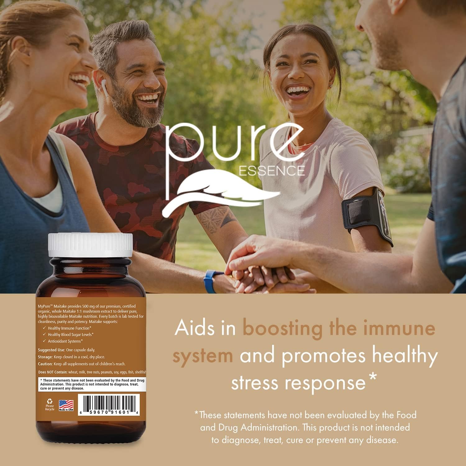 PURE ESSENCE LABS MyPure Maitake Mushrooms - Mushroom Powder Supplement for Immune System Support, Stress Relief, Build Energy, Strength Booster for Men & Women - 1 Month Supply