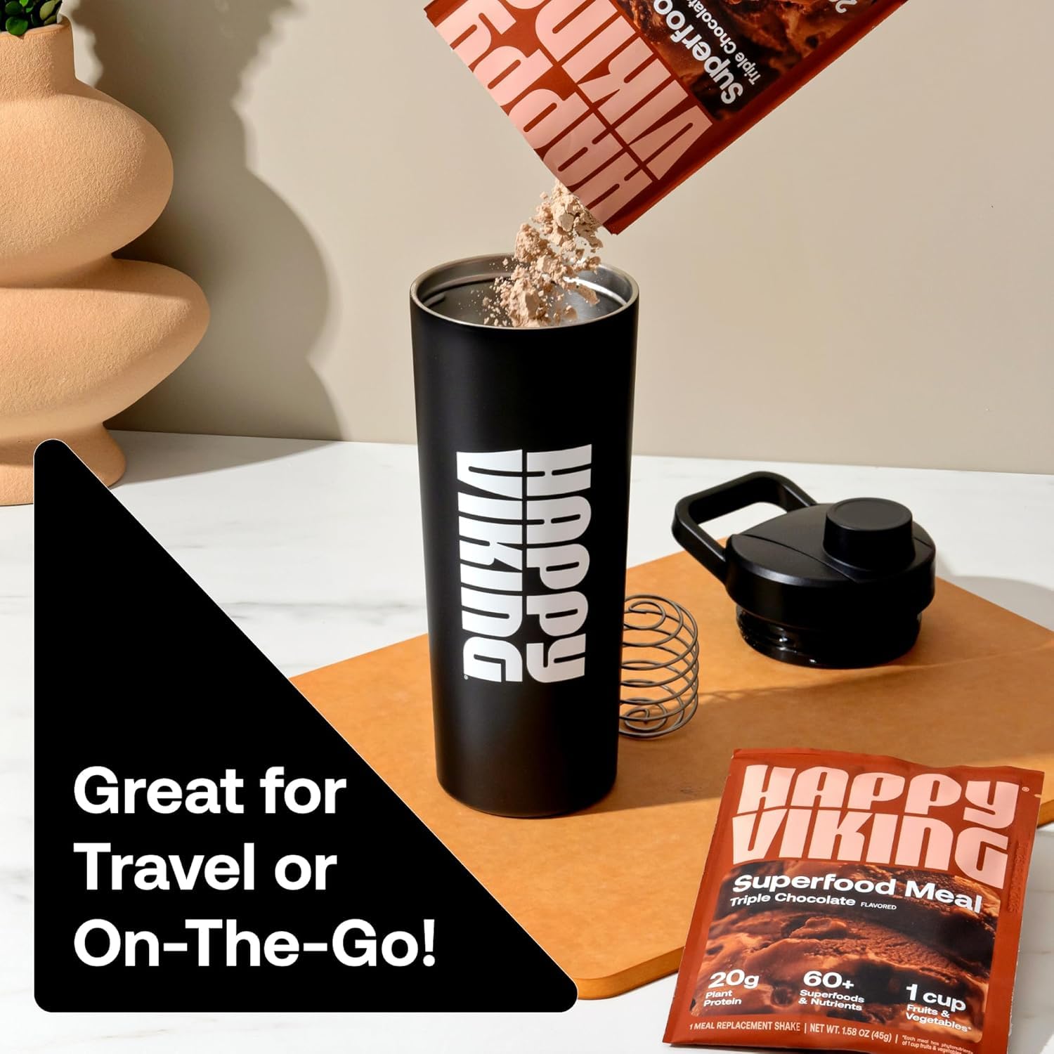 Happy Viking Triple Chocolate Plant Protein Powder, Created by Venus Williams, 20G Protein, Low Carb, Keto, Vegan, Gluten-Free, Non-GMO, Superfoods, Complete Meal Replacement, 8 Single Serve Packs