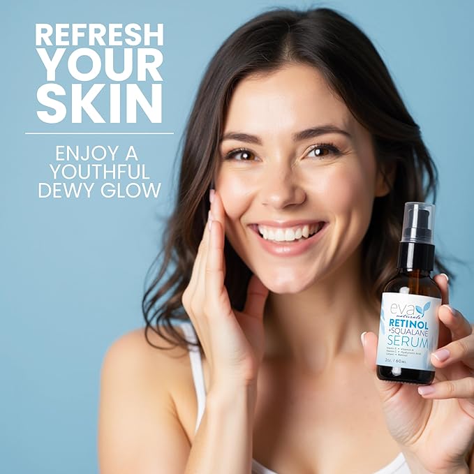 Eva Naturals Retinol + Squalane Serum – Anti Aging Face Serum for Wrinkles, Collagen Boost, Eye & Night Use – Retinoid Skin Care for Acne, Pores, Dark Spots & Sensitive Skin