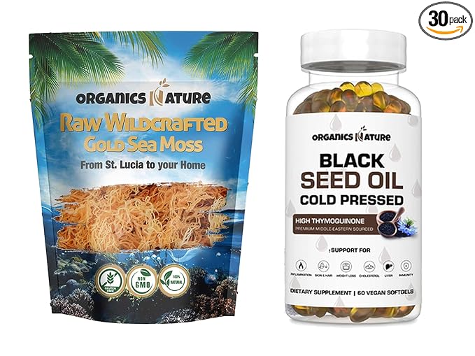ORGANICS NATURE Dried Sea Moss Wildcrafted & Black Seed Oil Capsules | Raw Gluten-Free, for Lung Detox, Immune System Support Softgels, for Hair, Skin, Heart, Nigella Sativa, Cold Pressed Cumin Seed.