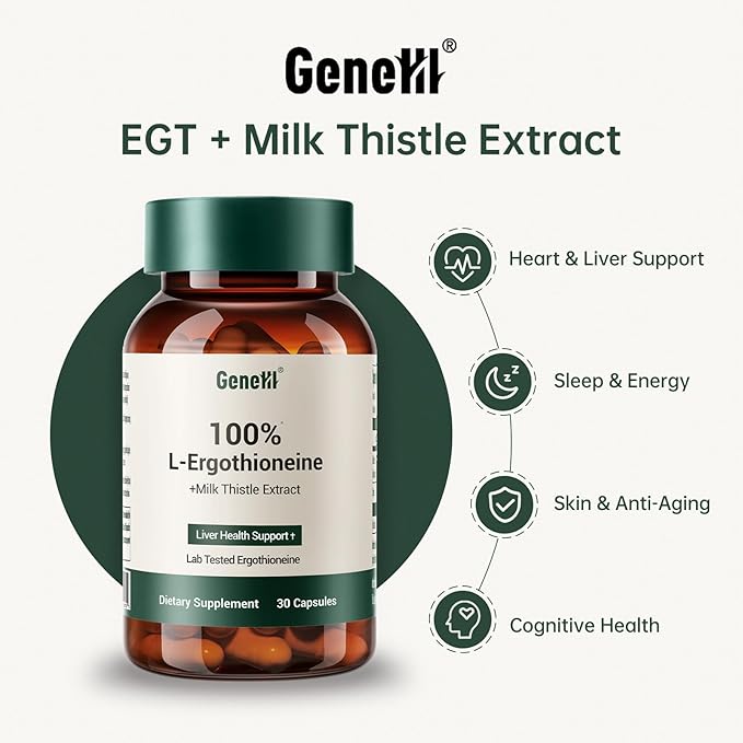 Clinically Studied L-Ergothioneine + Milk Thistle Supplement – Advanced Cellular and Liver Health Support – 30mg 99.99% Ultra-Pure Ergothioneine – Vegan, Non-GMO, 30 Count