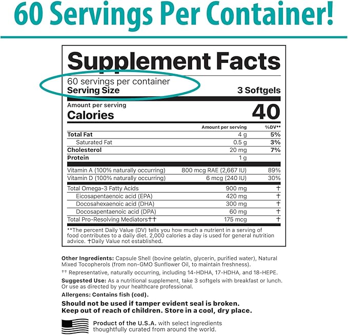 Jigsaw Health Alaskan Cod Liver Oil | 900 mg Omega-3s with EPA, DHA, and DPA | Includes Naturally Occuring Vitamins A & D | 180 Softgels | 60 Servings