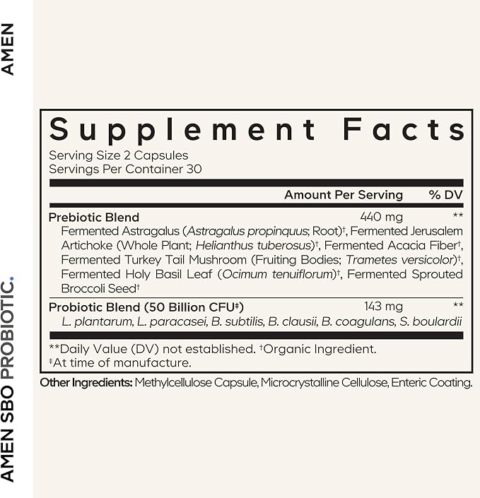 Amen Probiotics Supplement, SBO Probiotic and Organic Prebiotics, 50 Billion CFUs, Shelf Stable, No Refrigeration Required, Flora Daily Probiotic Formula for Women & Men, Vegan & Non-GMO, 60 Capsules