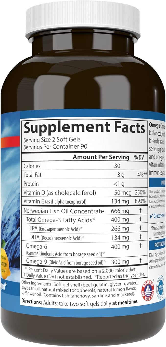 Carlson - Omega Complete Gems, Omega-3-6-9, Wild Caught, Sustainably Sourced, Heart Health, Joint Function & Immune Support, 180 Softgels