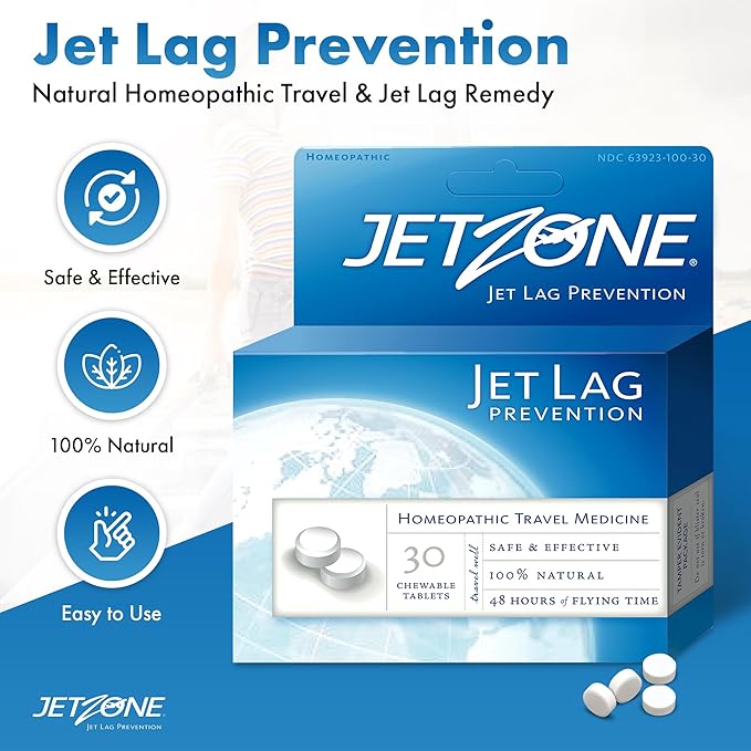 Jet Lag Remedy - Business & Vacation Homeopathic Travel Aid – Trusted for Over 18 Years - Immune – Circadian Rhythm - Fatigue – Exhaustion – Tired - Insomnia – Covers 48hrs Flying Time - 30 Chewables