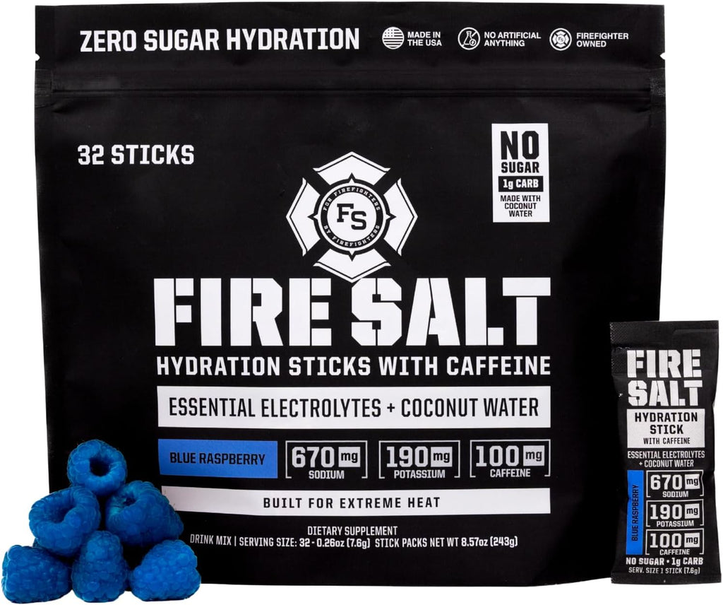 Fire Science Fire Salt Hydration Sticks, Electrolytes & Coconut Water, Hydration Drink Mix with Caffeine, Potassium & Sodium, Zero Sugar, Serve On The Go Packs, Caffeine Blue Raspberry, 32 Count