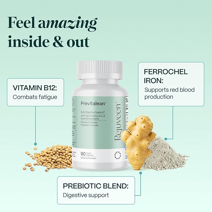 Previtalean | Prebiotic Fiber Supplement for Women | Supports Gut Health & Red Blood Cell Production | Contains Highly Bioavailable Iron, Folate & Vitamin B12 | 90 Ct, 30 Servings