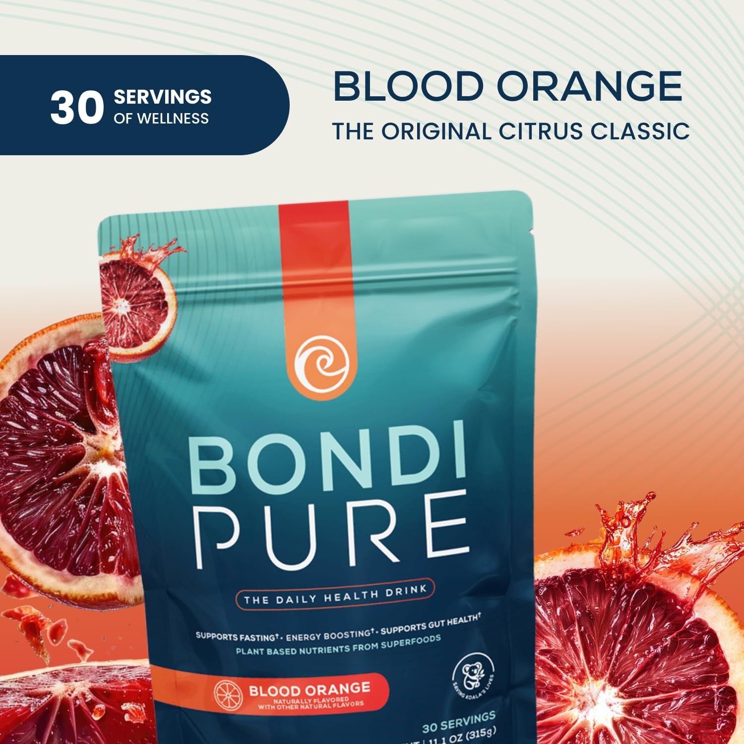 Bondi Pure - Daily Health & Detox Drink - Promote Gut Health & Energy Support During a Cleanse or Intermittent Fasting - Plant-Based Fibers, Alkalizing Super Greens - Blood Orange (2-Pack)