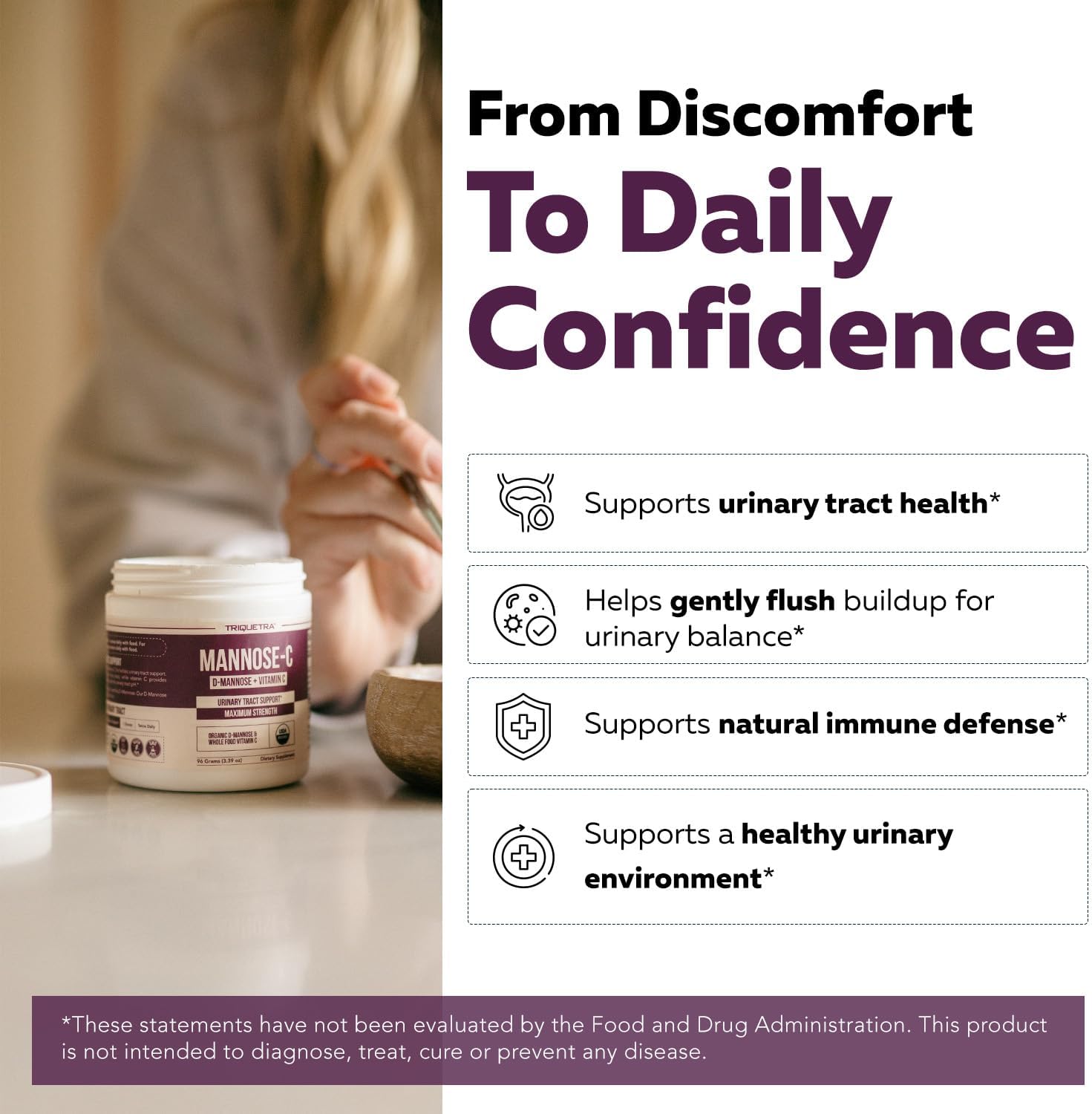 Mannose-C - Organic D Mannose Powder + Whole Food Vitamin C, Natural UTI Support Supplement to Flush & Cleanse Urinary Tract, Certified Organic Urinary Health for Women, Vegan, Non-GMO (60 Servings)