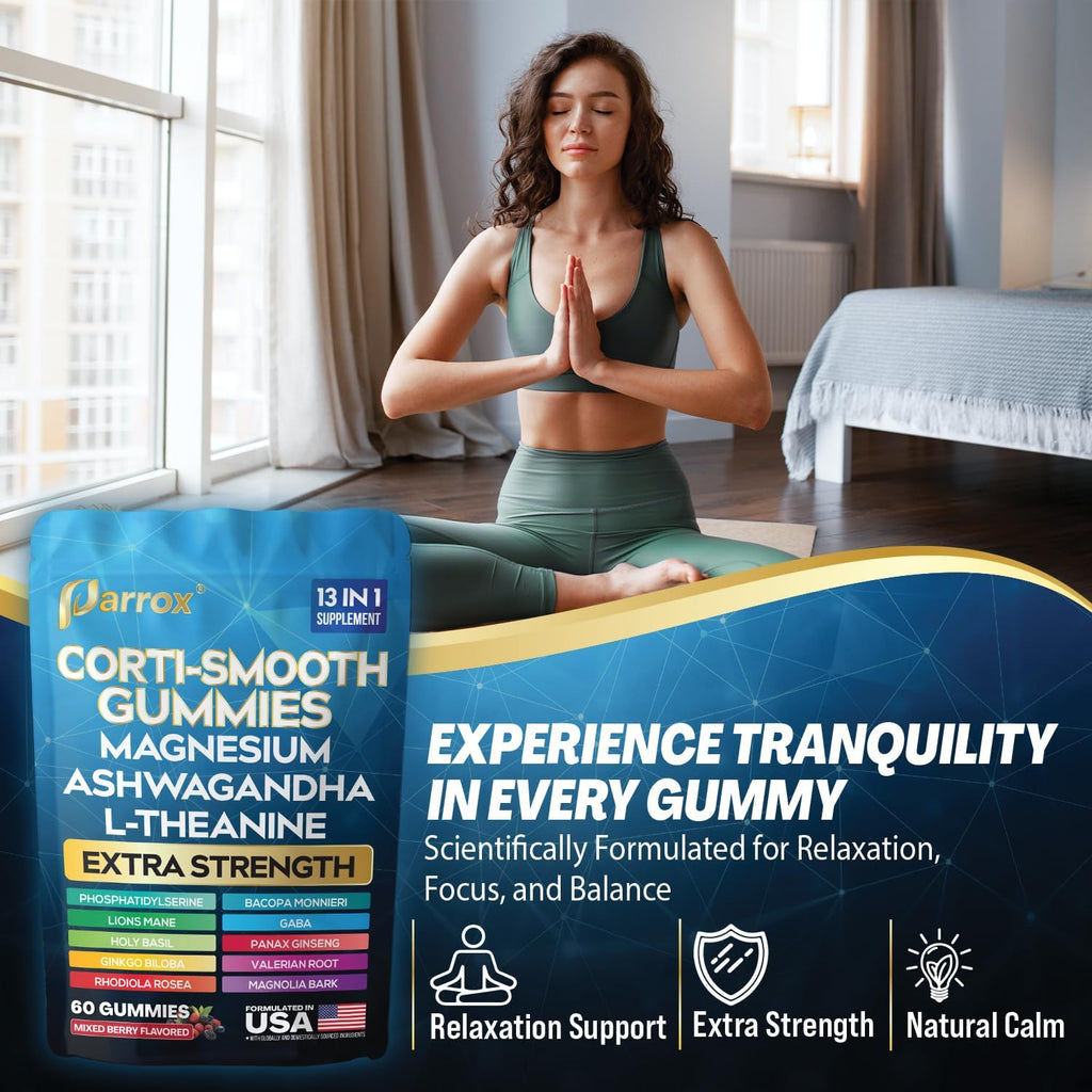 Corti-Smooth Cortisol Support Gummies with Magnesium, L-Theanine, Ashwagandha, Phosphatidylserine, Bacopa Monnieri, Lions Mane, Ginkgo Biloba, Valerian Root (60 Gummies - Mixed Berry Flavor)