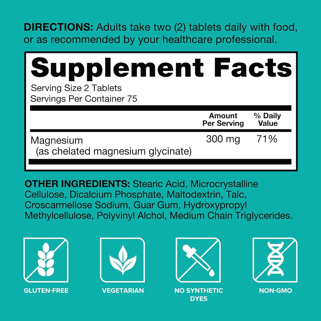 Qunol Magnesium Glycinate 300mg, 100% Glycinate Chelated Magnesium Supplement, 150ct Tablets