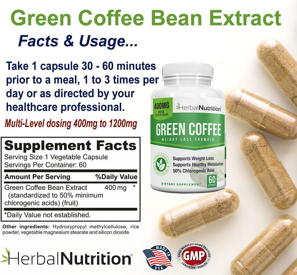 Herbal Nutrition BOGO Pure Green Coffee Bean Extract, Two Bottle Pack, 120 Capsules, Multi-Level Dosing 400mg - 1200mg Per Serving, 50% Chlorogenic Acid. Weight Loss & Cleanse Supplement