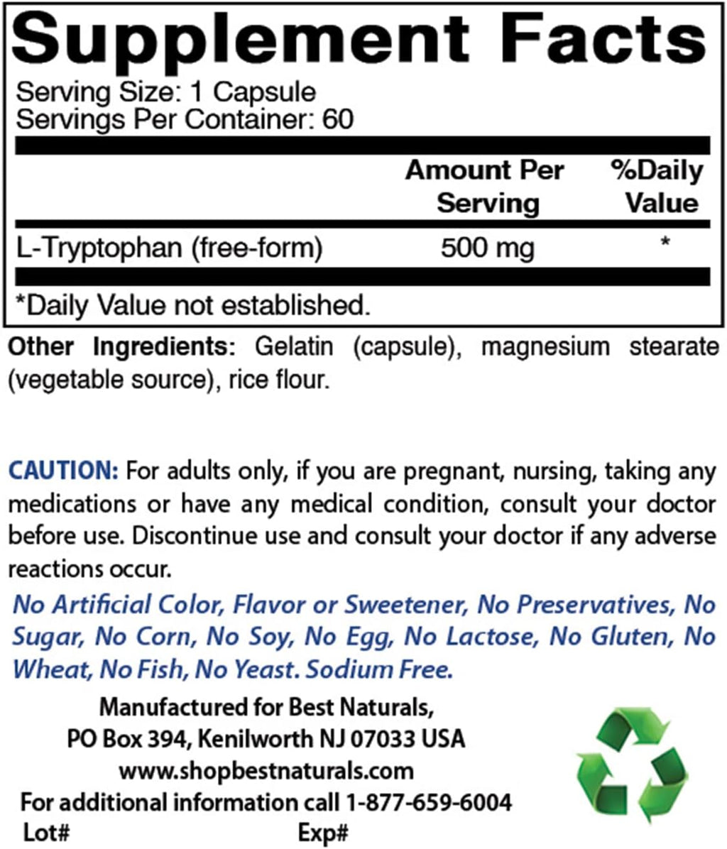 Best Naturals L-Tryptophan 500 mg 60 Capsules (60 Count (Pack of 2))