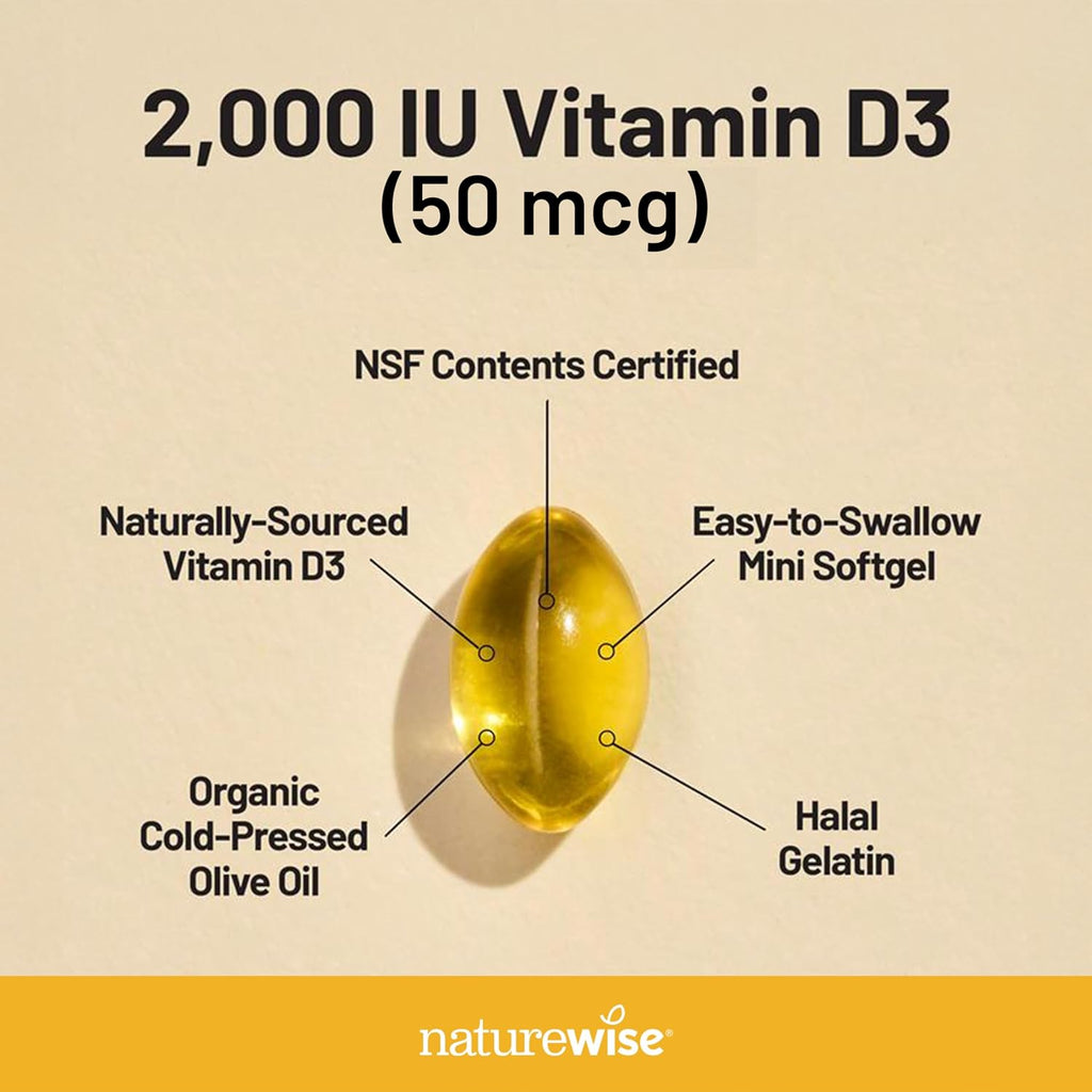 NatureWise Vitamin D3 2000iu (50 mcg) 30-Day Supply for Immune Support, Healthy Muscle Function, and Bone Health - Non-GMO, Gluten Free in Organic Extra Virgin Olive Oil, (Mini Softgel), 30 Count