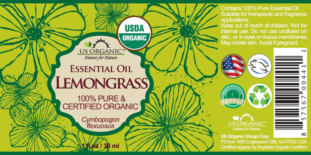 US Organic 100% Pure Lemongrass Essential Oil, USDA Certified Organic, Extracted by Steam Distillation Method, for Hair, Nail Polish Remover, Bees Attraction, and More. 30 ml