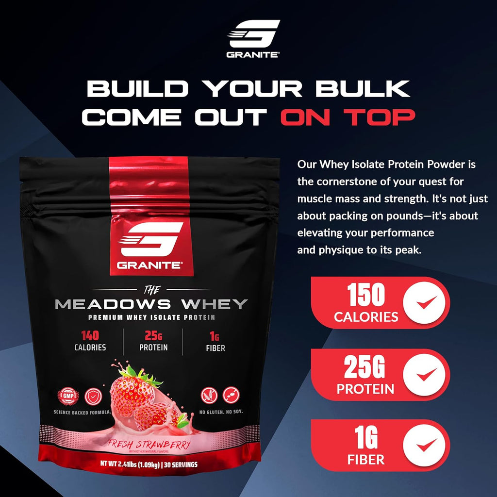 Granite Supplements The Meadows Whey Protein Isolate Protein Powder for Lean Muscle with 150 Calories, 2g Fiber, 1g Sugar (30 Servings), Fresh Strawberry Flavor