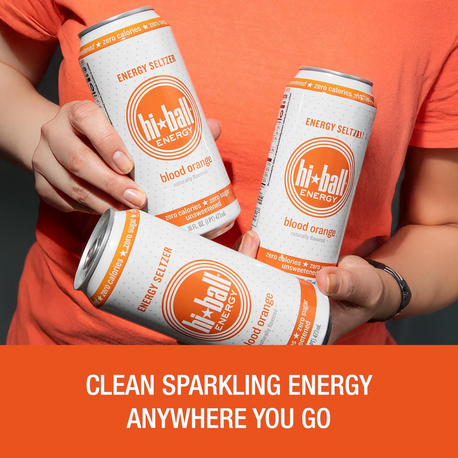 Hiball Clean Energy Drink - Blood Orange - Zero Sugar, Zero Calorie Sparkling Water with 160mg Organic Caffeine, 50mg Organic Ginseng, 50mg Organic Guarana and B Vitamins - 16 fl oz (8-Pack)
