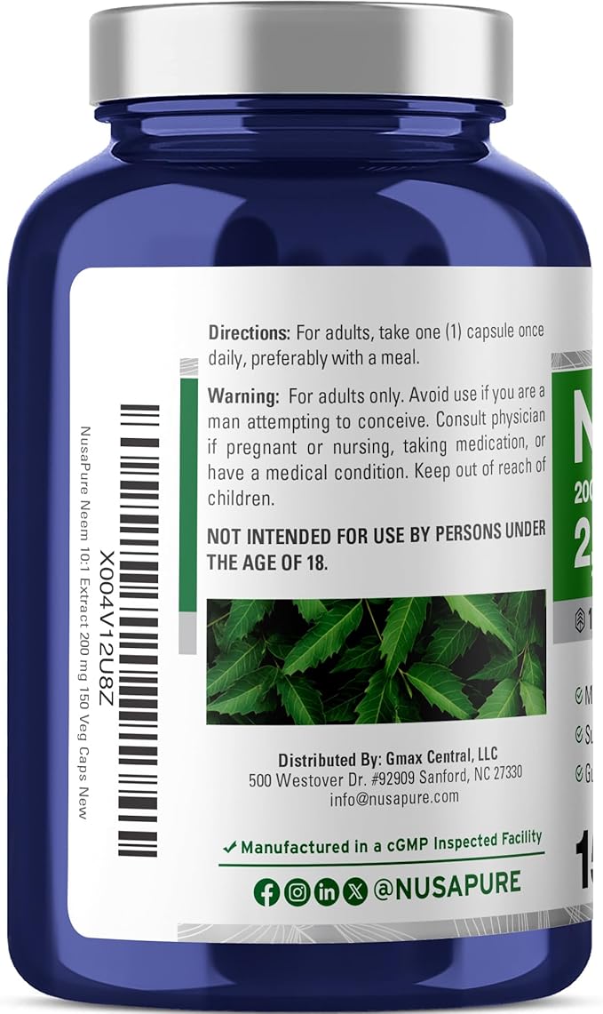 NusaPure Neem Leaf Root 10:1 Extract, 200 mg Equivalent to 2,000 mg 150 Veggie Capsules|Herbal Supplement|Non-GMO, Vegan