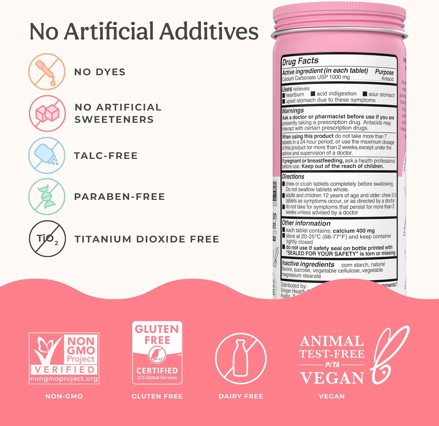 Wonderbelly Antacid Effective Heartburn and Instant Acid Indigestion Relief Extra Strength Chewable Tablets 1000 mg Calcium Carbonate No Talc or Dye Strawberry Milkshake 50 count