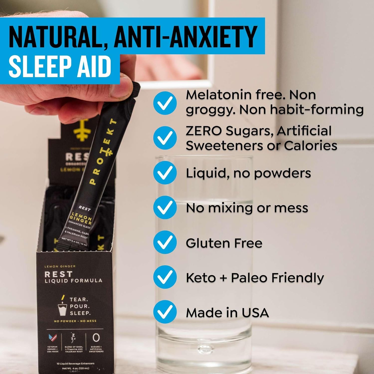 GABA L Theanine Supplement | Melatonin-Free Sleep Aid for Adults | Valerian Root for Night Support & Restful Sleep | GABA Calm Liquid Drink Mix for Adults | Lemon Ginger, Pack of 10