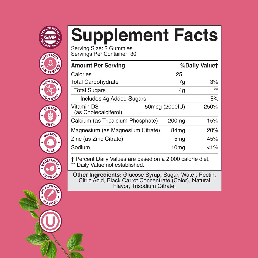 Calcium Magnesium Zinc Gummies - Magnesium Zinc Calcium Supplement Gummies with Vitamin D3 for Teeth and Bone Health - Certified Kosher Non-GMO Gelatin Free & Vegetarian Friendly (2 Month Supply)