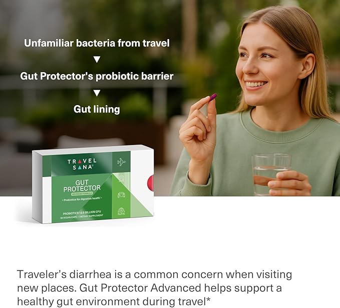 Travel Probiotics for Digestive Health, Immune Support & Occasional Traveler’s Diarrhea | Probiotics for Gut Health | Travel Essentials Supplement | Gut Protector | 30 Vegan Caps