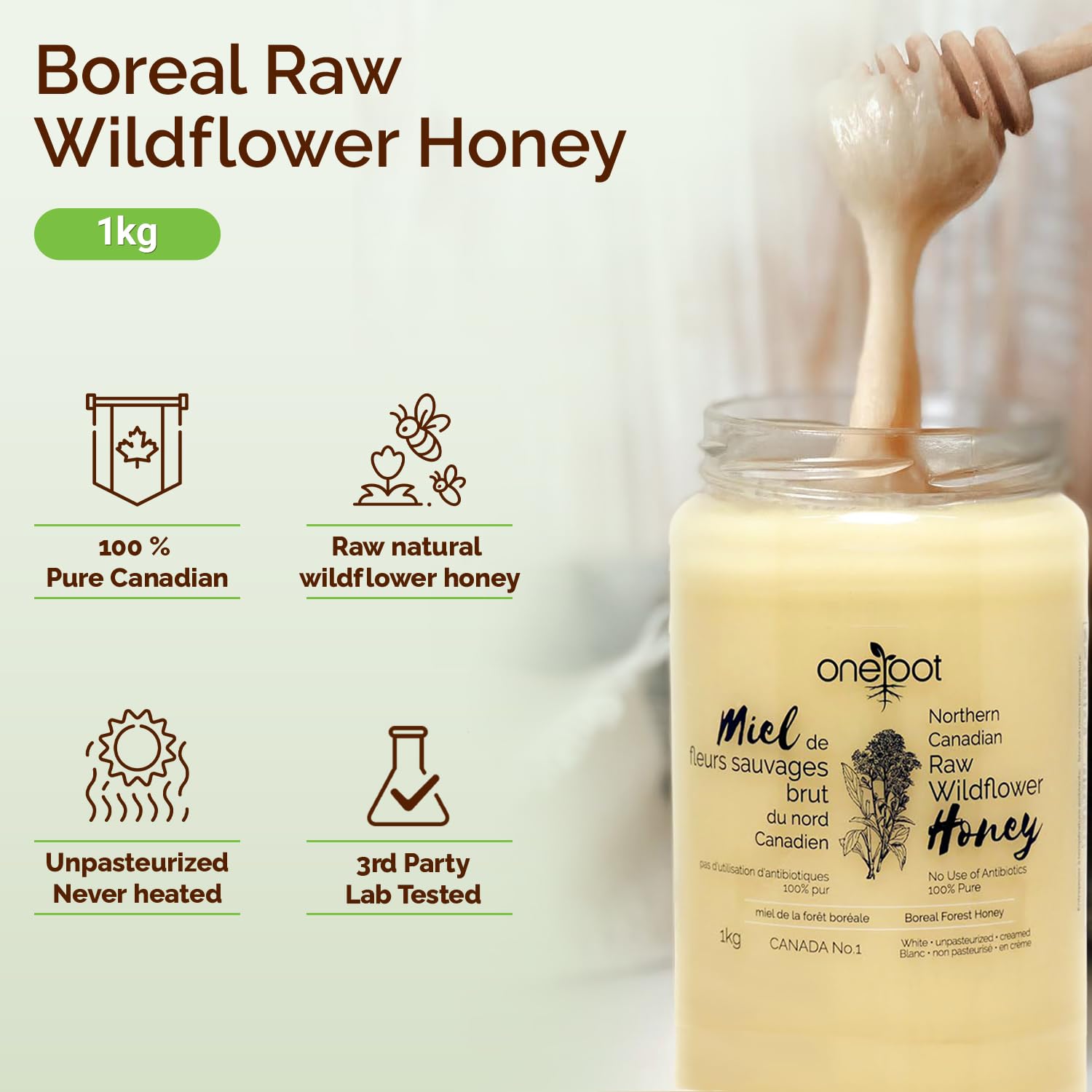 Oneroot 100% Canadian Wildflower Honey - 1kg / 2.2lbs, Unheated & Creamed - Nutrient-Rich, Natural Sweetener with Enzymes - Thick & Pure Raw Unfiltered Honey