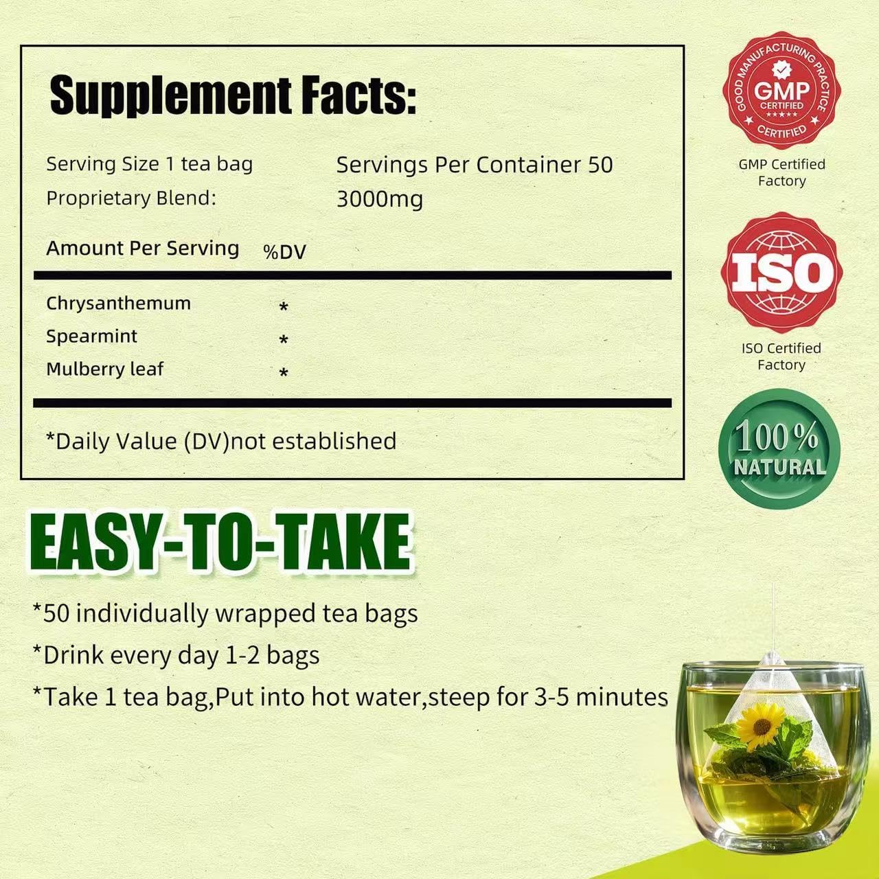 Eastrue Spearmint Tea Blend Mulberry & Chrysanthemum,50 Teabags,Supports Everyday Wellness, Healthy & Refreshing,Non-GMO,Organic,Caffeine-Free