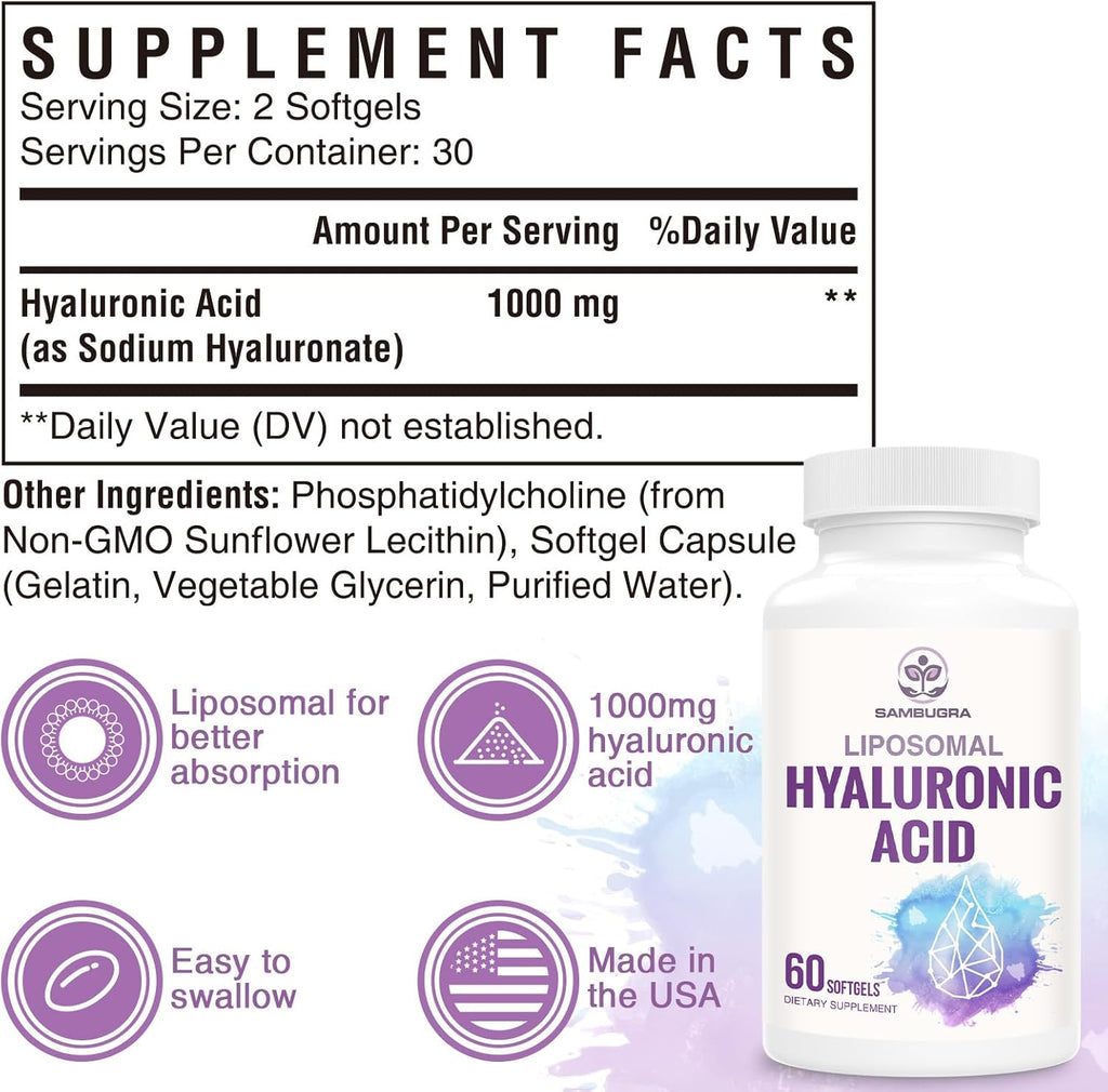 Liposomal Hyaluronic Acid 1000mg, High BioavailabilityHyaluronic Acid Capsules, Dietary Supplement Support Skin and Bones, 180 Capsules (Pack of 3)