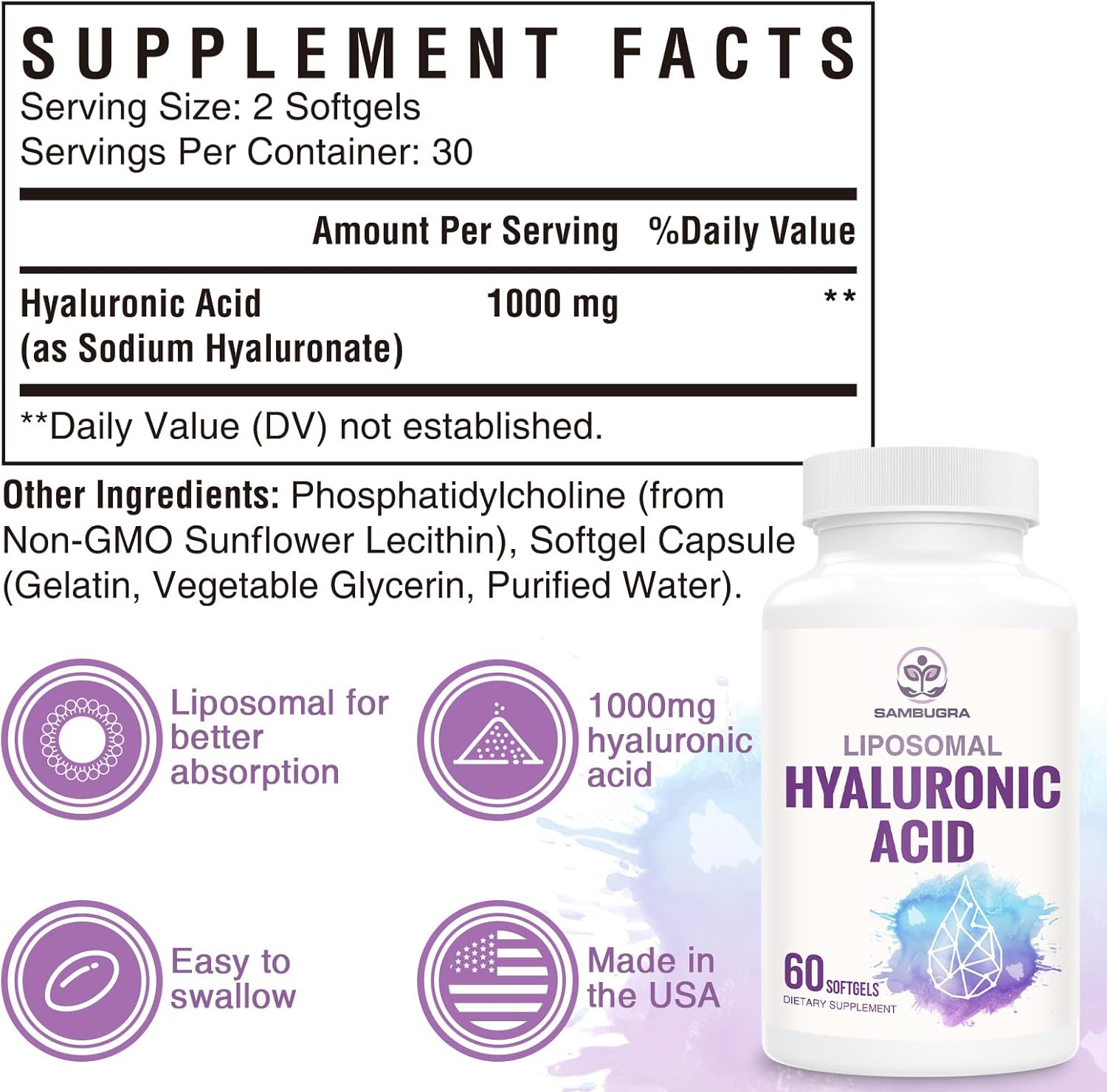 Liposomal Hyaluronic Acid 1000mg, High BioavailabilityHyaluronic Acid Capsules, Dietary Supplement Support Skin and Bones, 180 Capsules (Pack of 3)