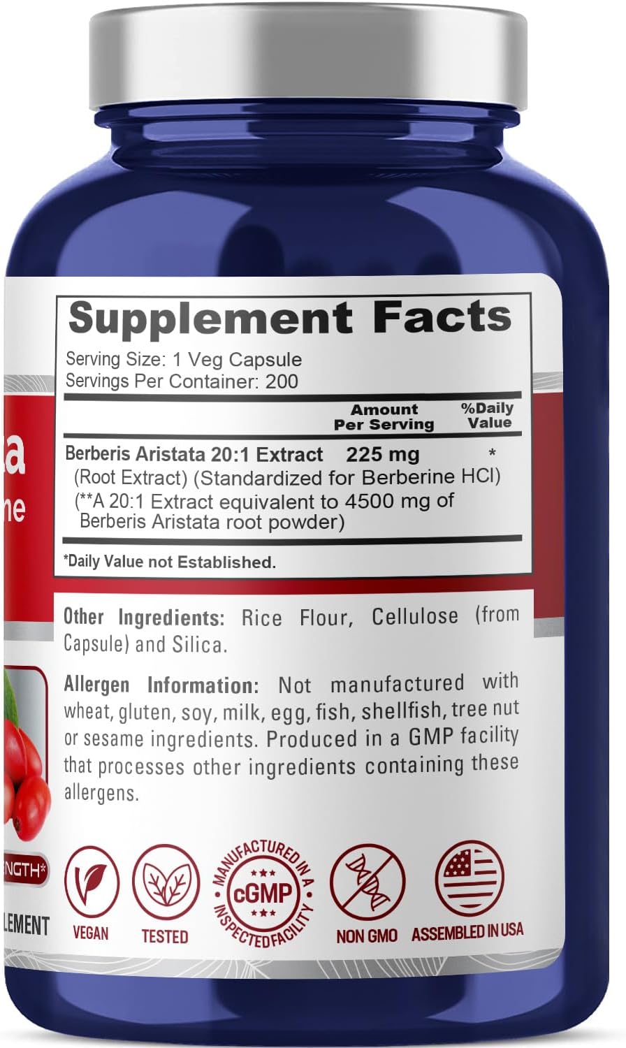 NusaPure Berberine HCI 20:1 Extract, 220 mg Equivalent to 4,500mg - 200 Veggie Caps - (Vegetarian, Non-GMO, Vegan)