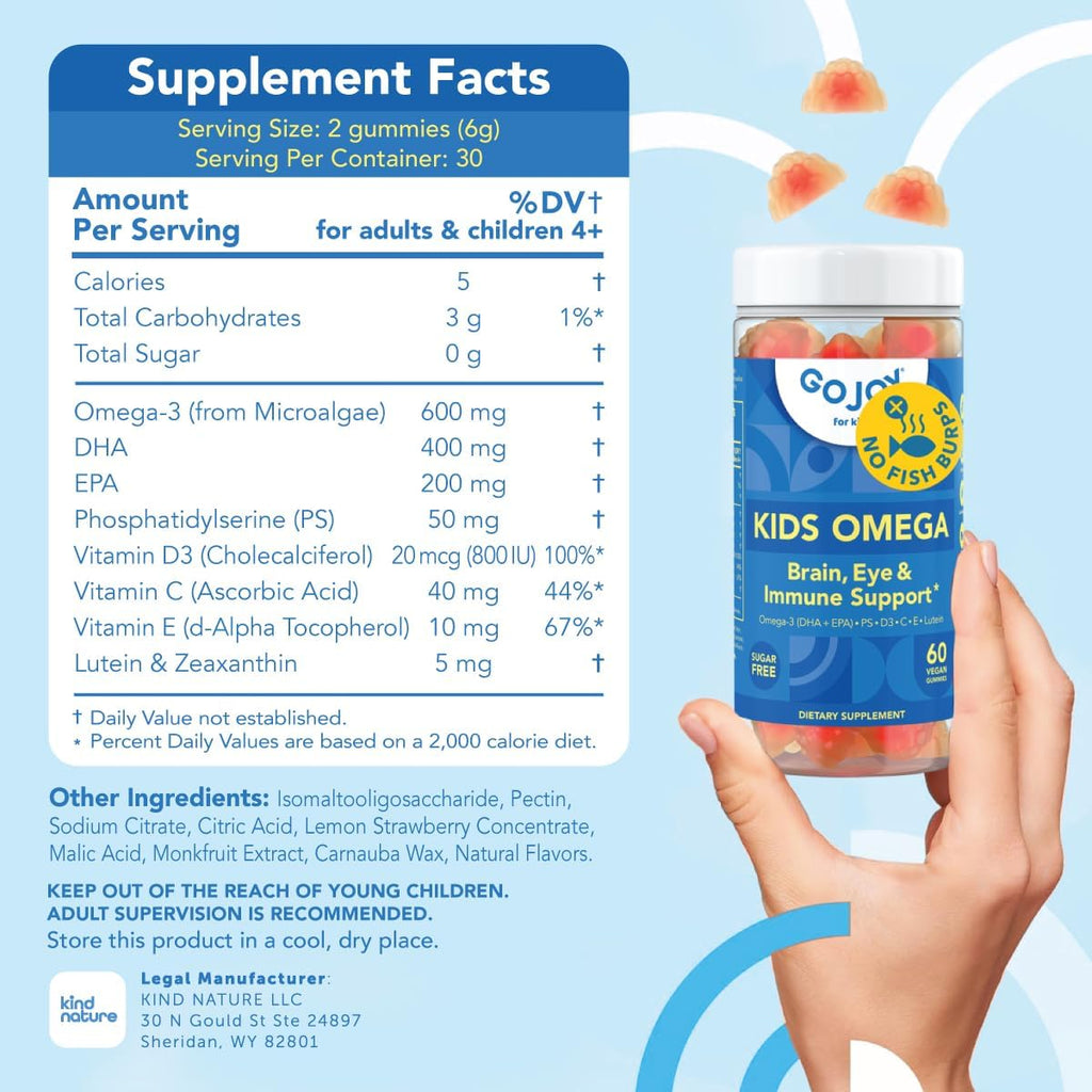GOJOY Kids Omega 3 DHA Gummies – No Fish Burps, No Sugar – Brain, Eye & Immune Support – Plant-Based Omega-3 from Algae – Vegan, Clean DHA for Toddlers, Children & Kids Ages 3+