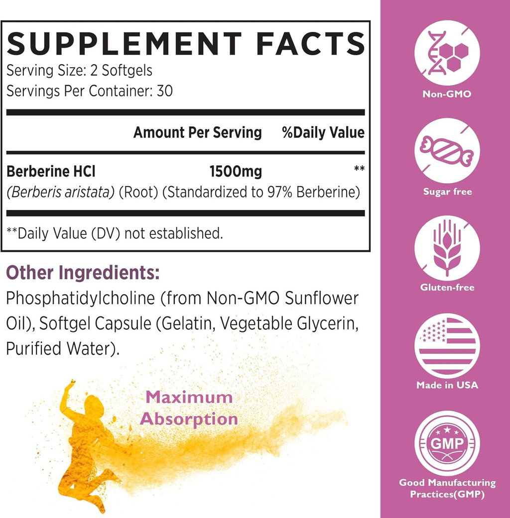 Berberine HCL Supplement 1500mg - High Bioavailability Liposomal Berberine Capsules for Women and Men, AMPK Activator for Cardiovascular Health, Sugar-Free, Non-GMO,180 Softgels