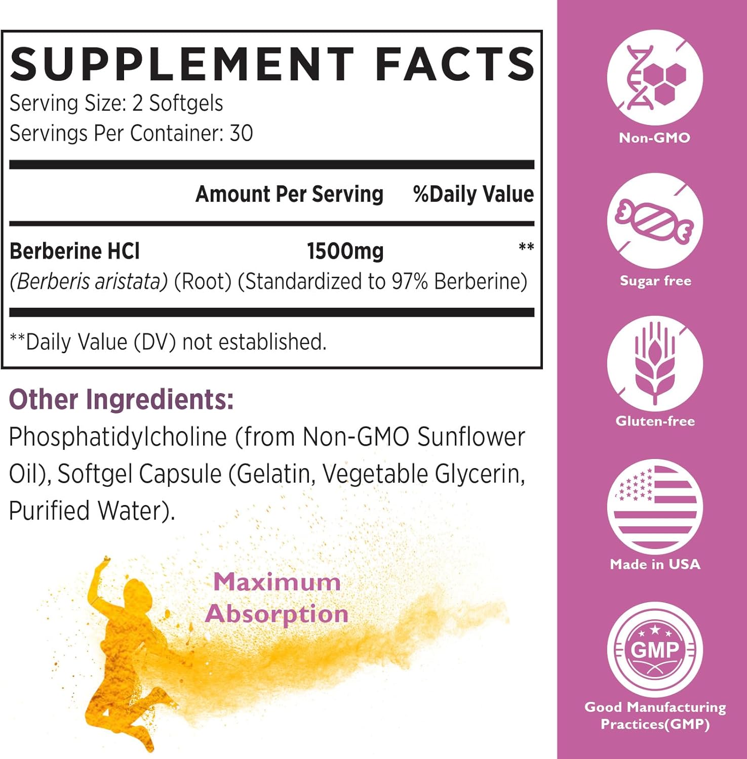 Berberine HCL Supplement 1500mg - High Bioavailability Liposomal Berberine Capsules for Women and Men, AMPK Activator for Cardiovascular Health, Sugar-Free, Non-GMO,180 Softgels