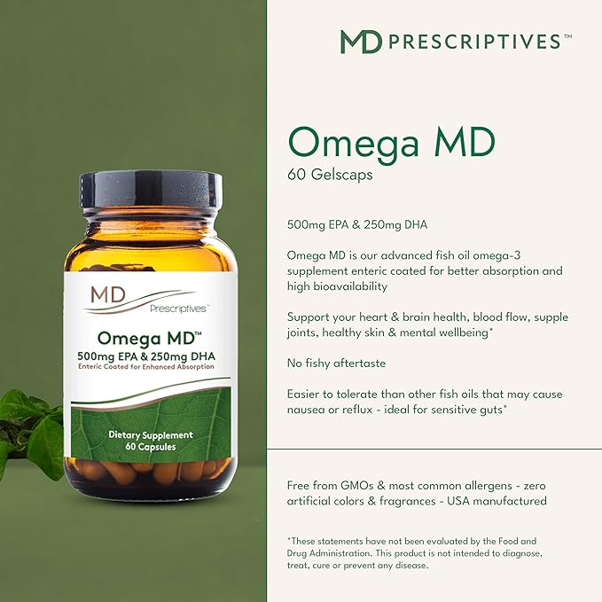 MD Prescriptives Omega MD Supplement - 500 EPA & 250 DHA Omega 3 Fish Oil - Supports Brain Health & Joints* - No Fishy Smell - 60 Softgels