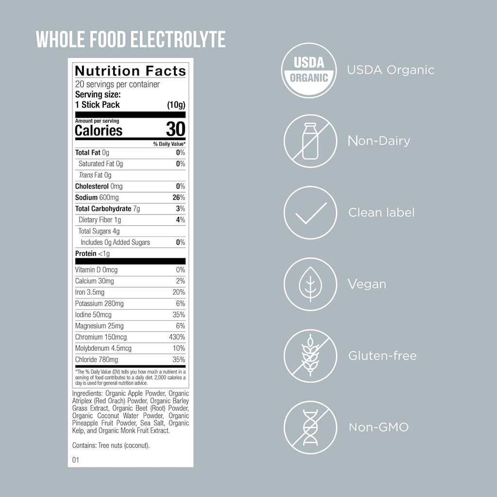 Possible Whole Food Electrolyte - Powder Drink Mix for Pre-Workout, Post-Workout & Everyday Hydration - Vegan, Plant-Based Wellness - Gluten-Free, USDA Organic - Clean Label - 20 Stick Packs