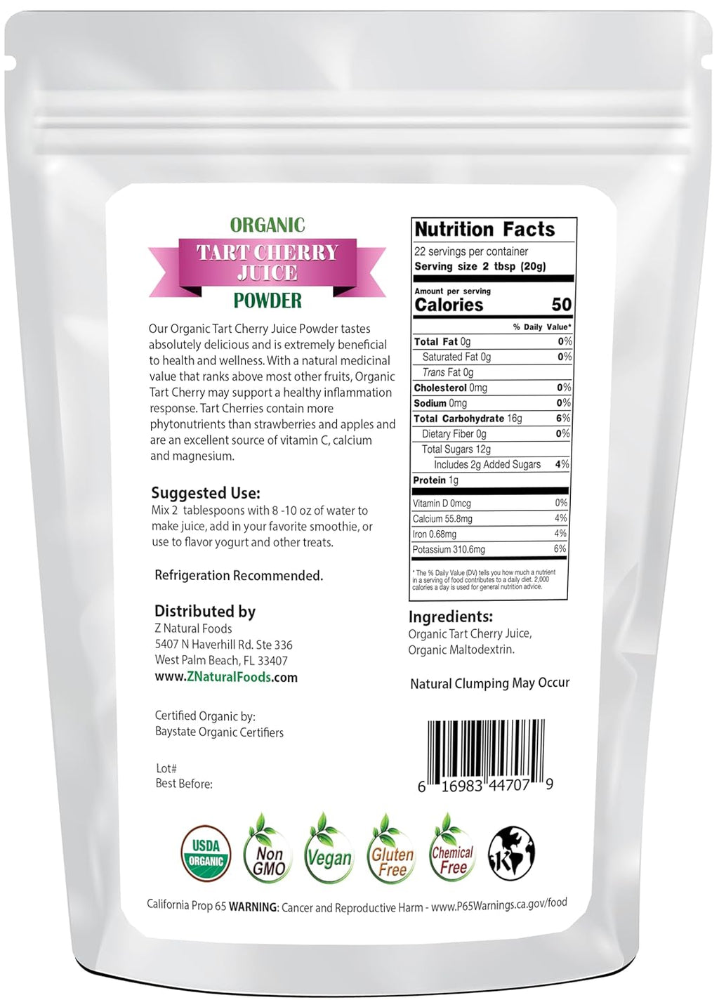 Z Natural Foods Organic Tart Cherry Juice Powder, Superfood Powder Designed to Promote Quality Sleep, Ideal for Juice, Smoothies, and Recipes, Non-GMO, Vegan, Gluten-Free, Kosher, 1 lb.