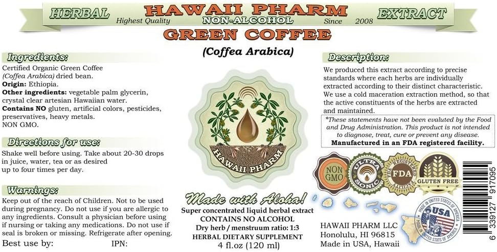 Green Coffee Alcohol-Free Liquid Extract, Green Coffee (Coffea Arabica) Dried Bean Glycerite Hawaii Pharm Natural Herbal Supplement 4x4 oz