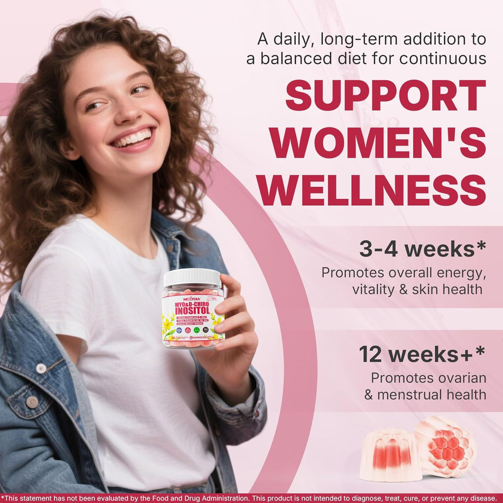 Myo-Inositol & D-Chiro Inositol Gummies with Evening Primrose Oil for Women - 40:1 Ratio Supplement Plus Vitamin D3, Methyl Folate & B12 for Hormonal Balance, Cycles & Ovarian Health, Vegan (60ct)
