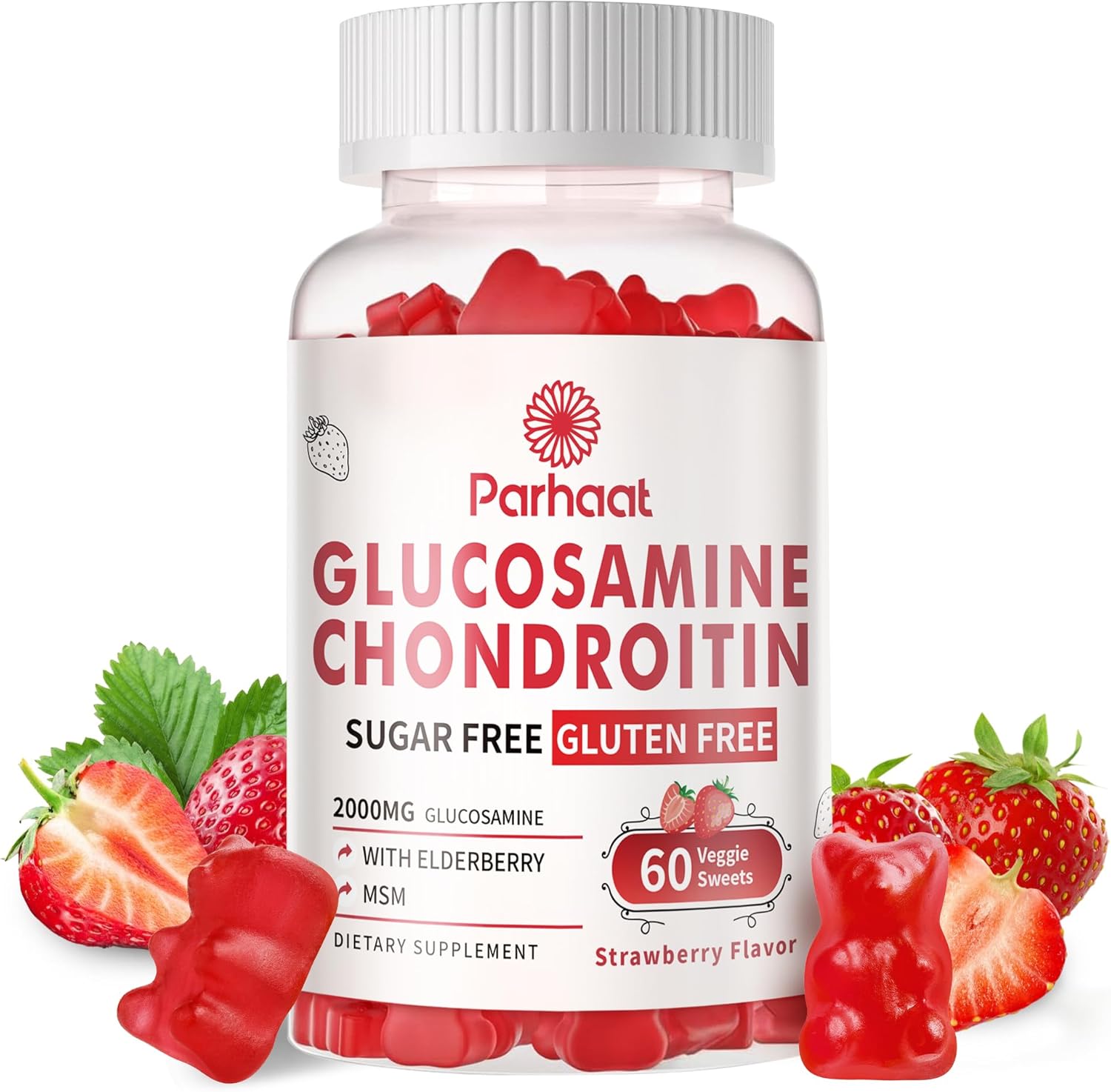 Glucosamine Chondroitin Gummies with MSM & Elderberry Extra Strength - Joint Support, Antioxidant Immune Support Supplement for Adults, Men & Women.Strawberry