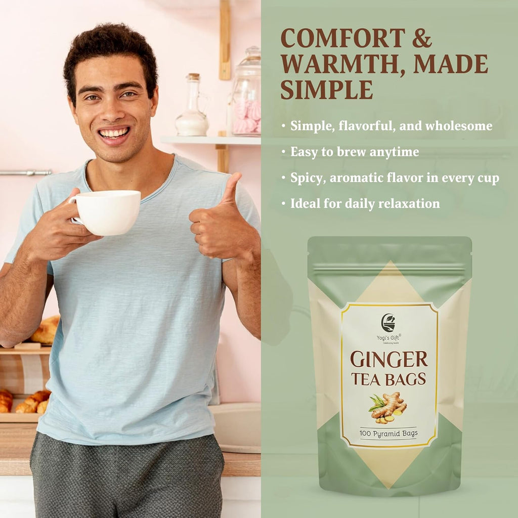 Ginger Tea Bags – 100 Count Pyramid Tea Bags – 100% Pure dried ginger root tea – Bold & Spicy Herbal Flavor Ginger Tea – By Yogi’s Gift®