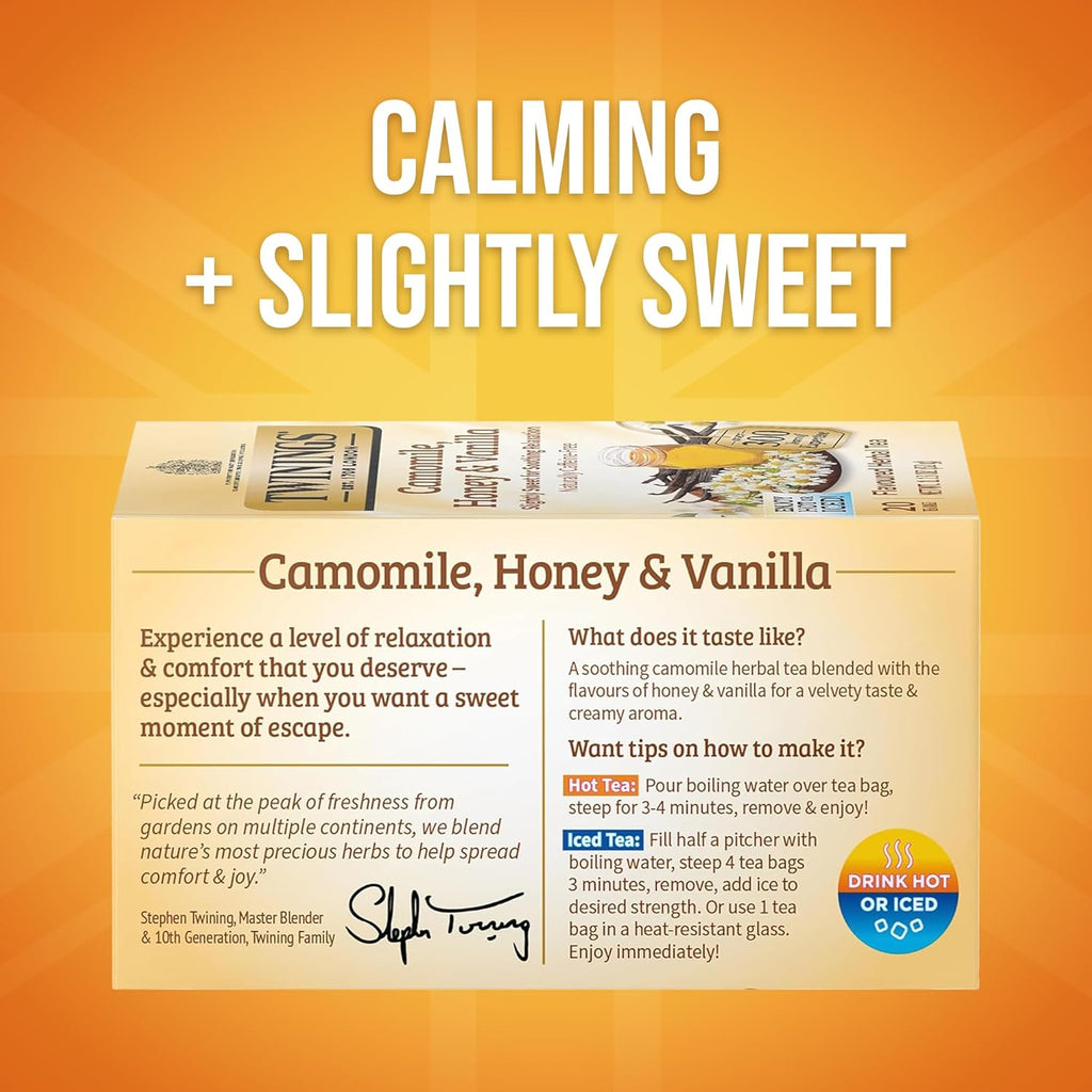 Twinings Camomile, Honey & Vanilla Herbal Tea Individually Wrapped Bags, 20 Count (Pack of 6), Naturally Caffeine-Free, Enjoy Hot or Iced, 120 Teabags