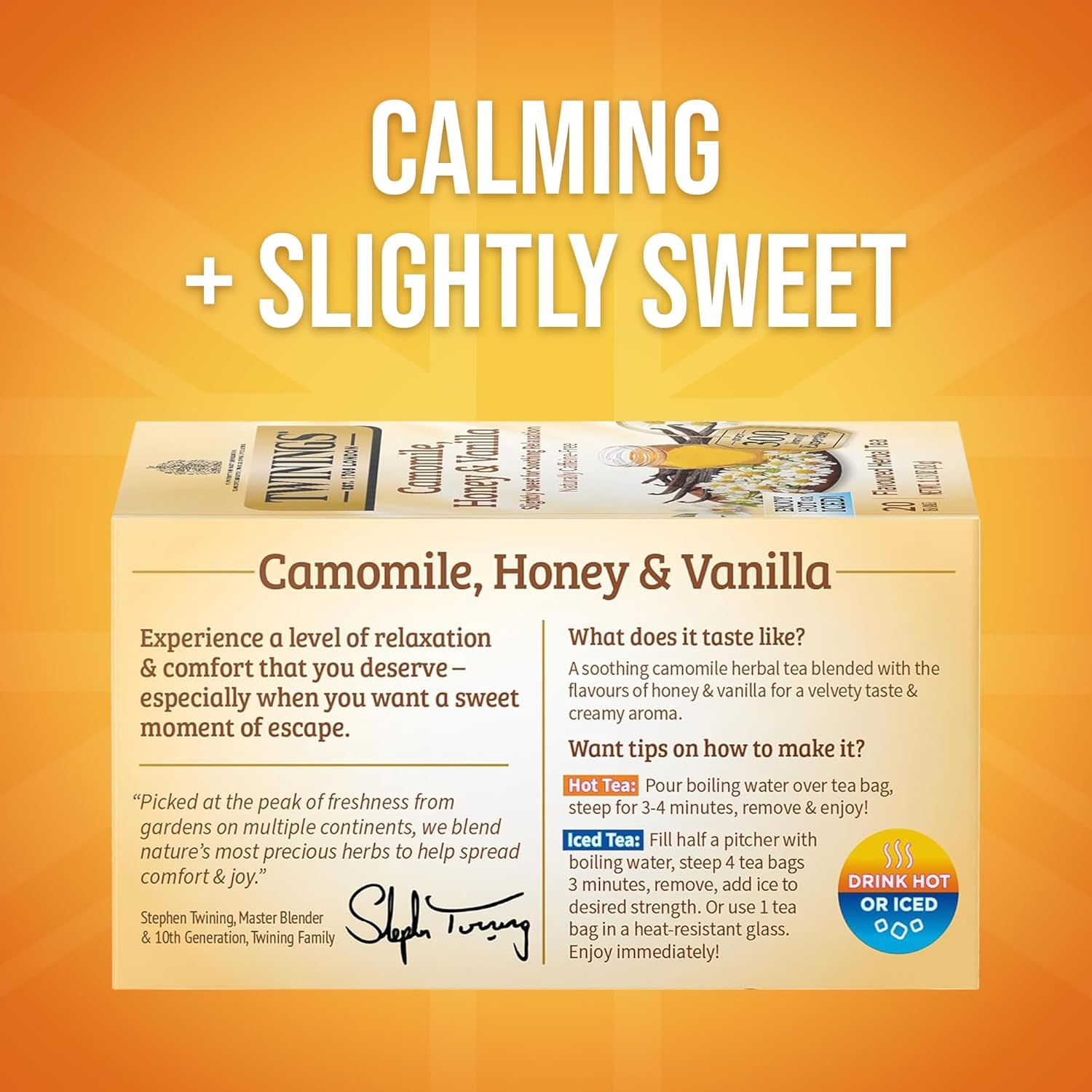 Twinings Camomile, Honey & Vanilla Herbal Tea Individually Wrapped Bags, 20 Count (Pack of 6), Naturally Caffeine-Free, Enjoy Hot or Iced, 120 Teabags