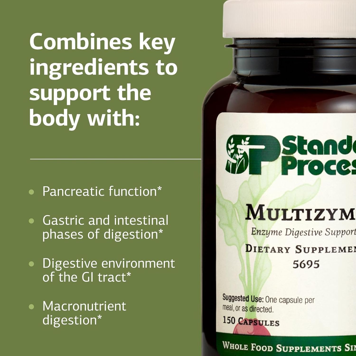 Standard Process Inc. Multizyme - Whole Food Pancreas Support, Pancreatin Digestive Enzymes, Digestive Health and Pancreatic Enzymes with Cellulase, Papain, Amylase, Lipase and More - 150 Capsules