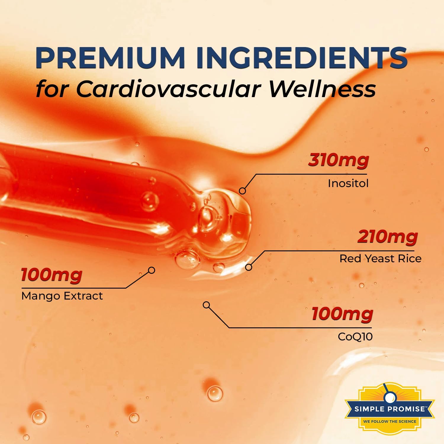 Simple Promise HeartAide - Heart Health Supplement - Red Yeast Rice with CoQ10 (200mg & 100mg) & Inositol - Liquid Drops for Cholesterol & Cardiovascular Support - 4 fl oz, Orange Cream Flavor