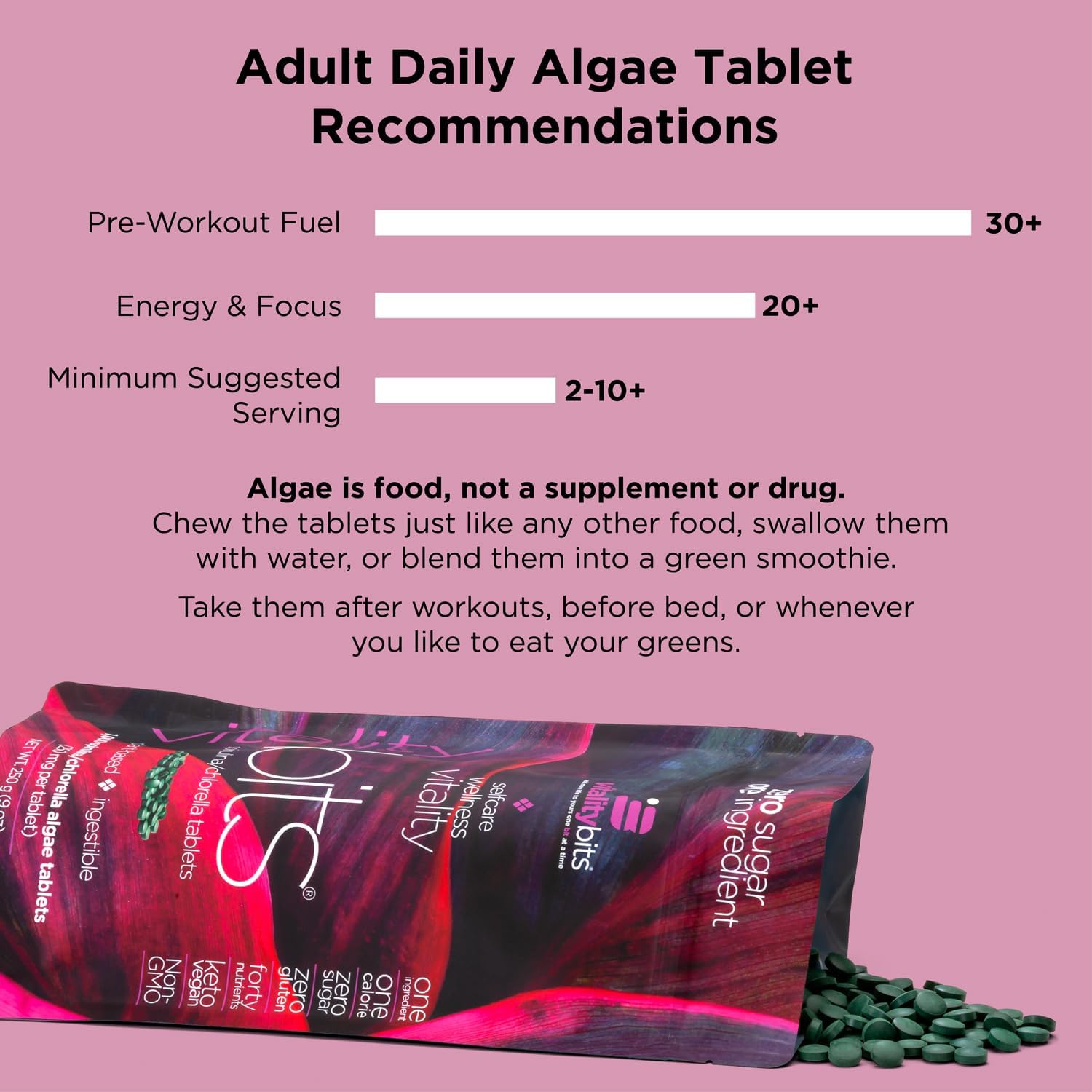 VITALITYbits - Organic Blended Spirulina & Chlorella Tablets - Algae Superfood - Energy, Self Care, Beauty - Replace Greens, Supplements, Protein, Snacks - Vegan, Keto, Gluten Free - 360 Tablets