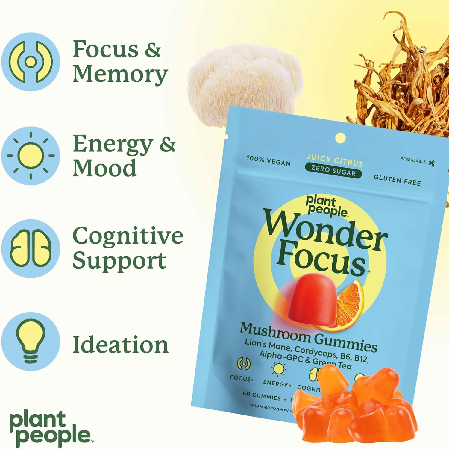 Plant People WonderFocus Mushroom Gummies with Lion’s Mane & Cordyceps - Nootropic Brain Supplement Boosts Memory, Focus, Energy & Mood in Adults | No Sugar, 100% Vegan, Citrus Flavor, 60 Count